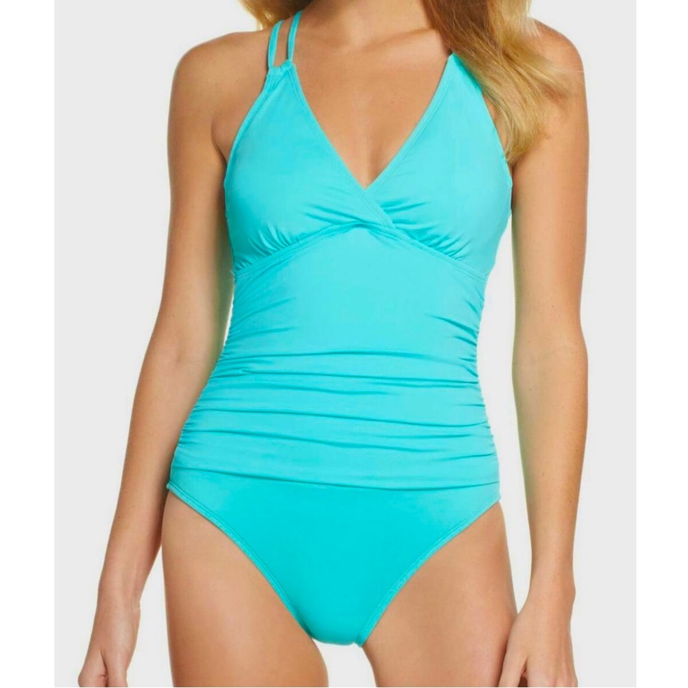 La Blanca Island Goddess seafoam blue one piece swimsuit, size 12